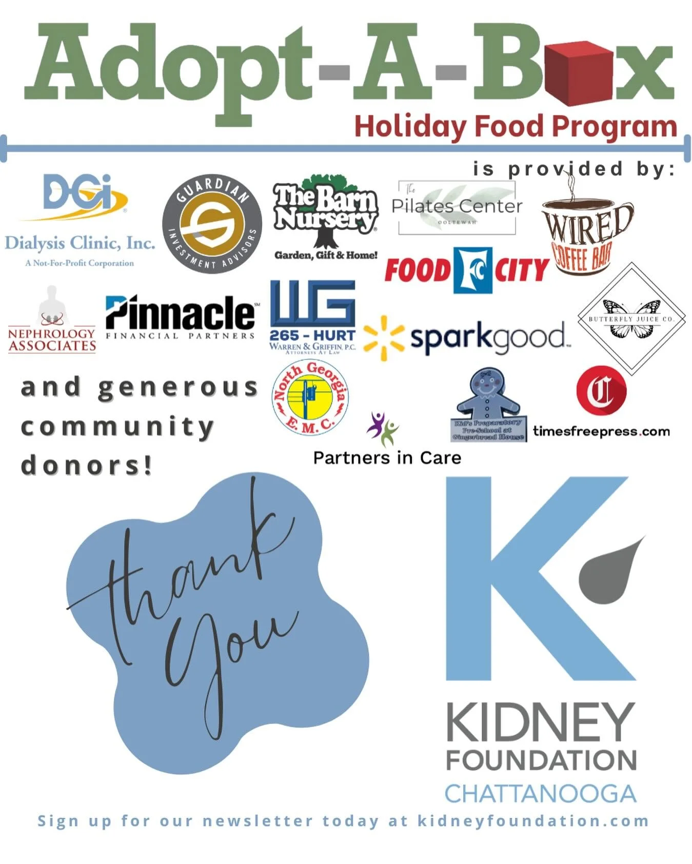 We are so thrilled to thank all who have supported local kidney patients and their families this season- with your help we are able to provide over 200 families access to food this season. 
Community Donors- we cannot thank you for the impact you hav