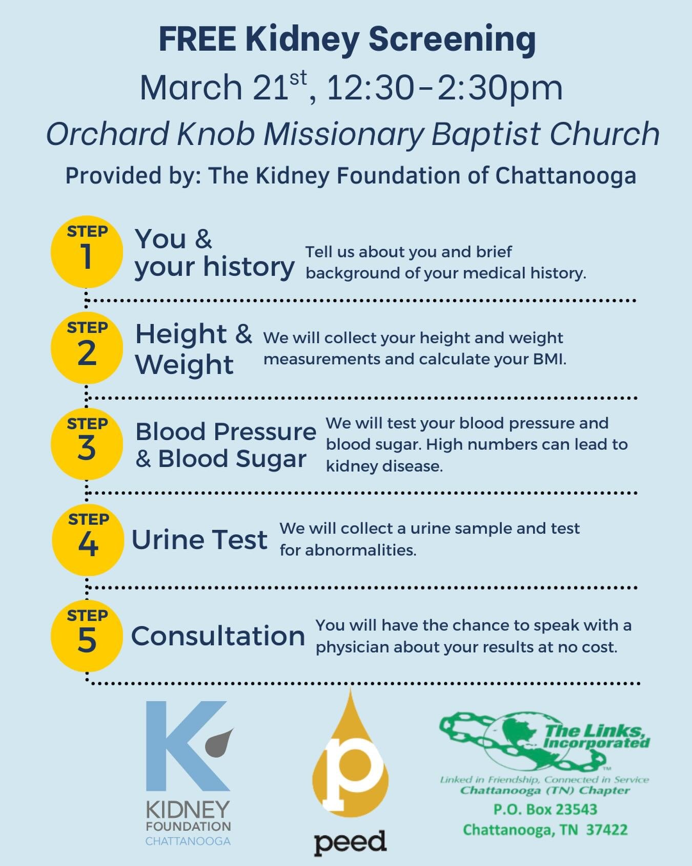 TOMORROW✨ We will be at Orchard Knob Missionary Baptist Church providing FREE Kidney Screenings to the community. Stop by and get your Kidneys checked, no insurance necessary, from 12:30-2:30pm.

Interested in hosting a Kidney Screening? Message us t