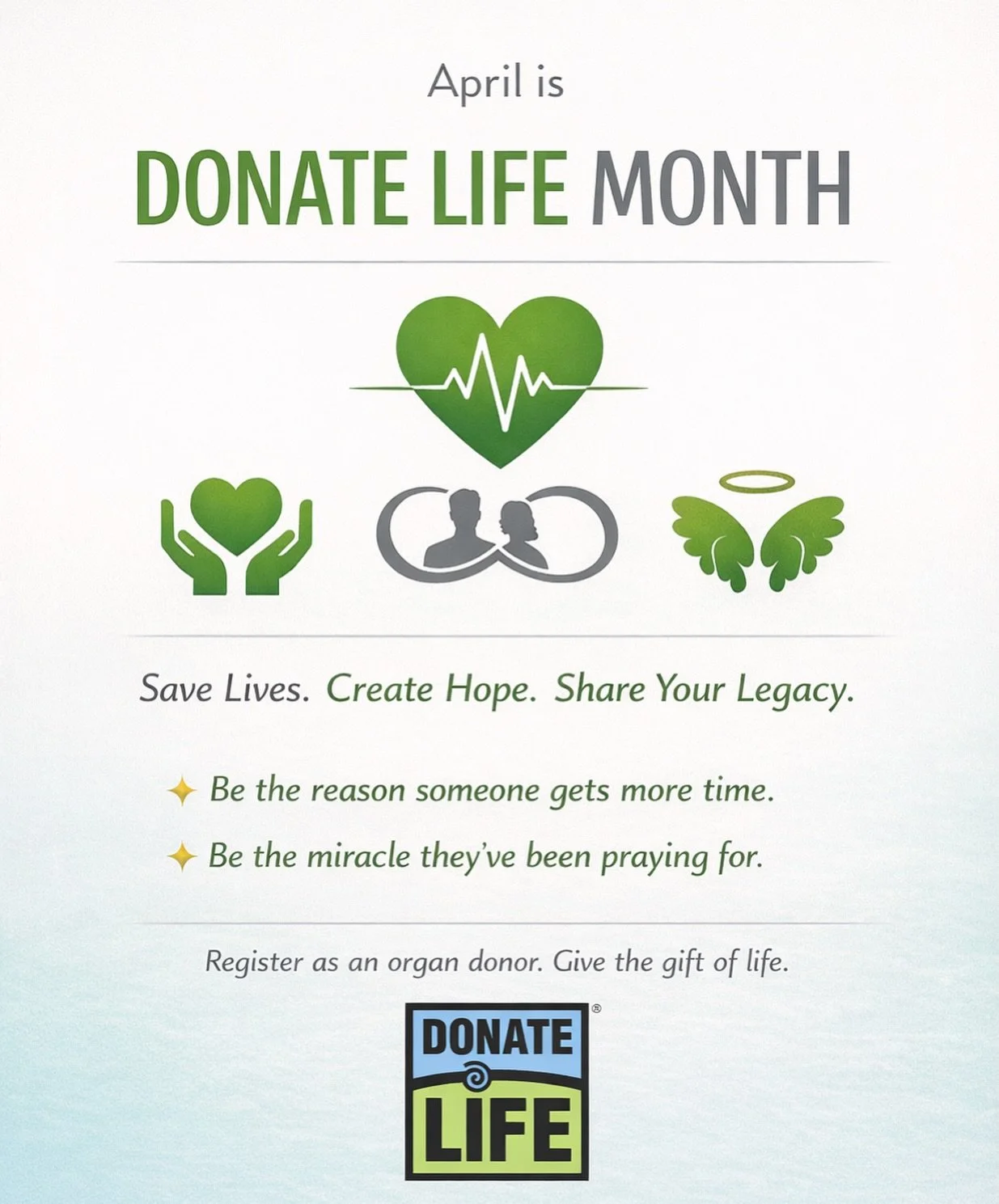 April is Donate Life Month 💚

One decision&mdash;checking that box&mdash;can save up to 8 lives and heal countless others through tissue donation. It&rsquo;s not just a choice&hellip; it&rsquo;s a legacy.

Every day, people are waiting. Waiting for 
