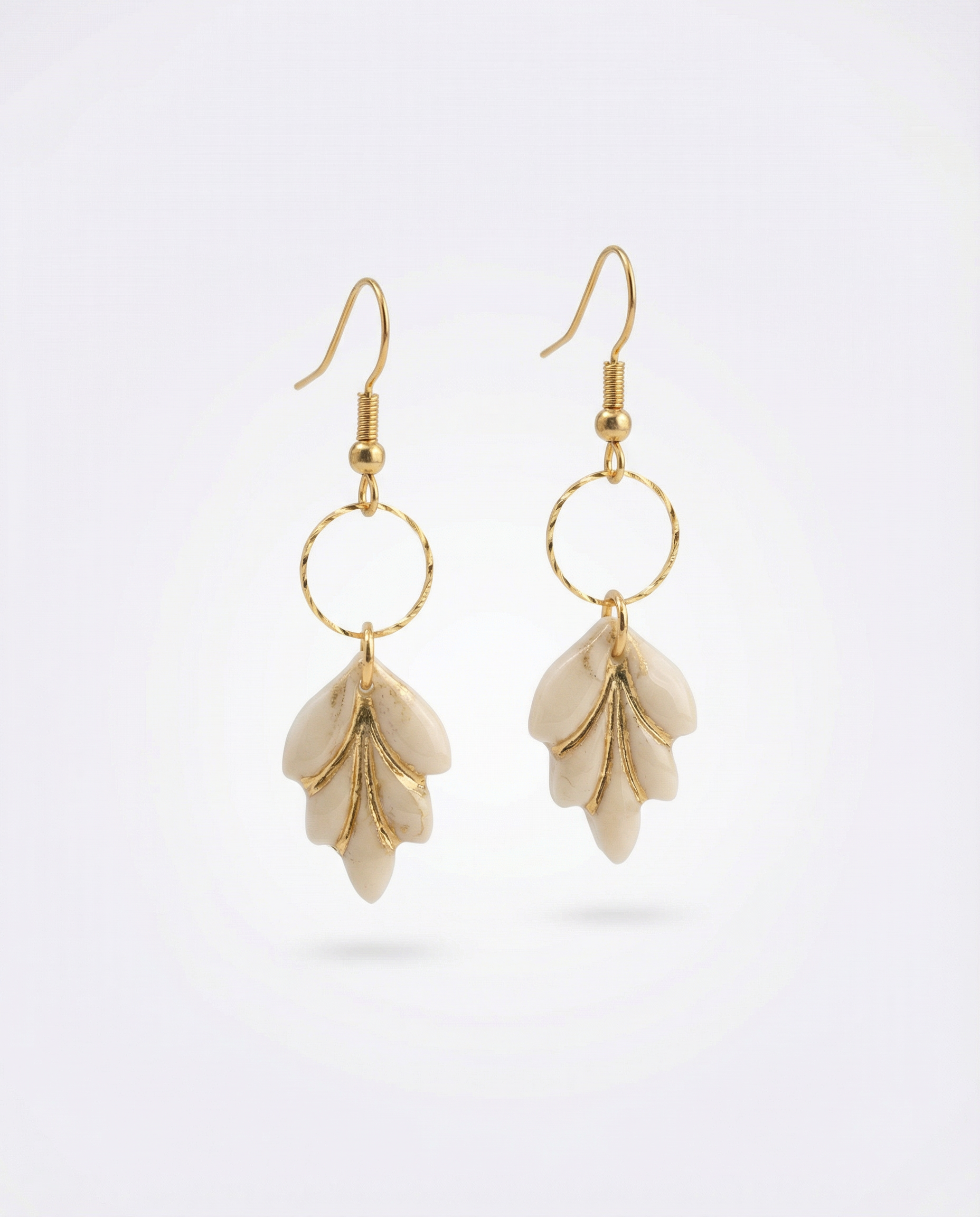 Cream Leaf Drop Earrings  Gold Hoop Dangles 1.png