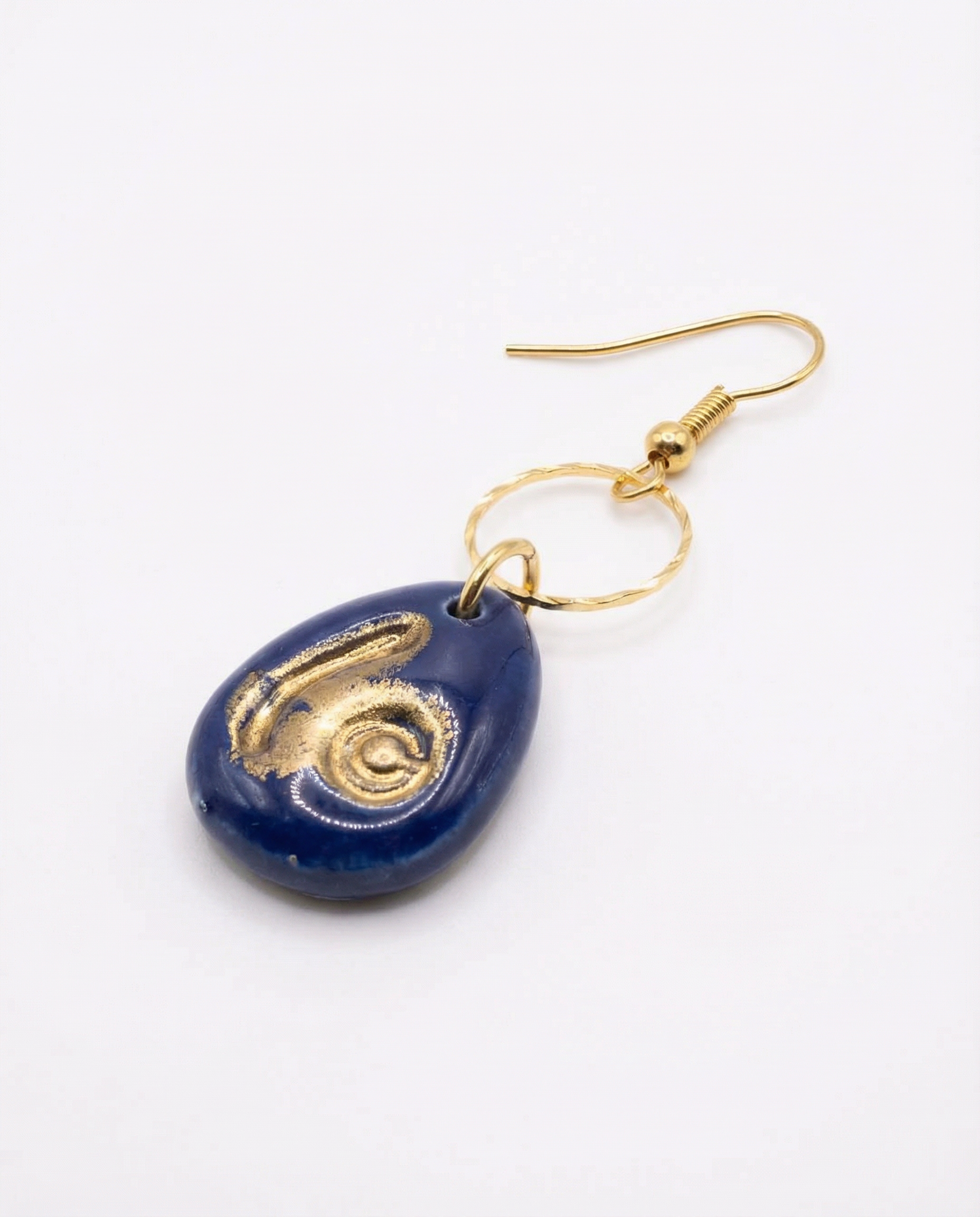Blue & Gold Oval Drop Earrings  Textured Gold Circle Dangles2.png