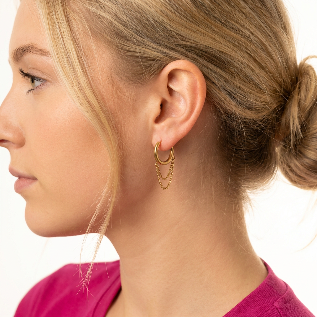woman wearing gold Chain Drape Hoop Earrings - Kincha Designs London