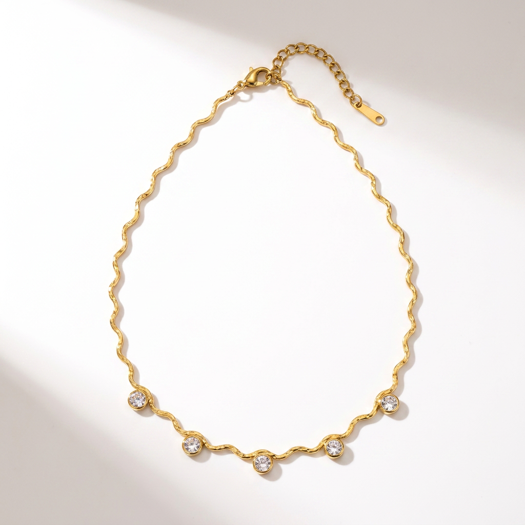 Gold wave chain necklace with five glass crystal stations stainless steel - tarnish free jewellery - Kincha Designs