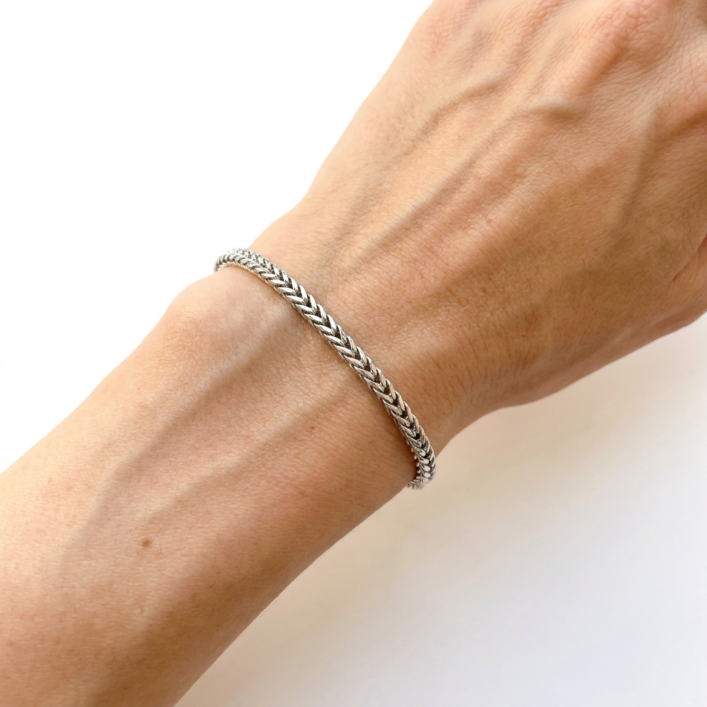 Man's wrist wearing silver foxtail chain stainless steel bracelet - unisex waterproof jewellery - Kincha Designs London
