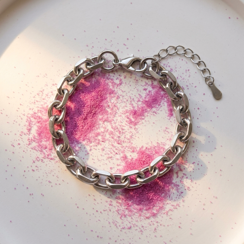 Silver chunky cable chain bracelet on white surface with fuchsia pink powder - stainless steel jewellery London - Kincha Designs