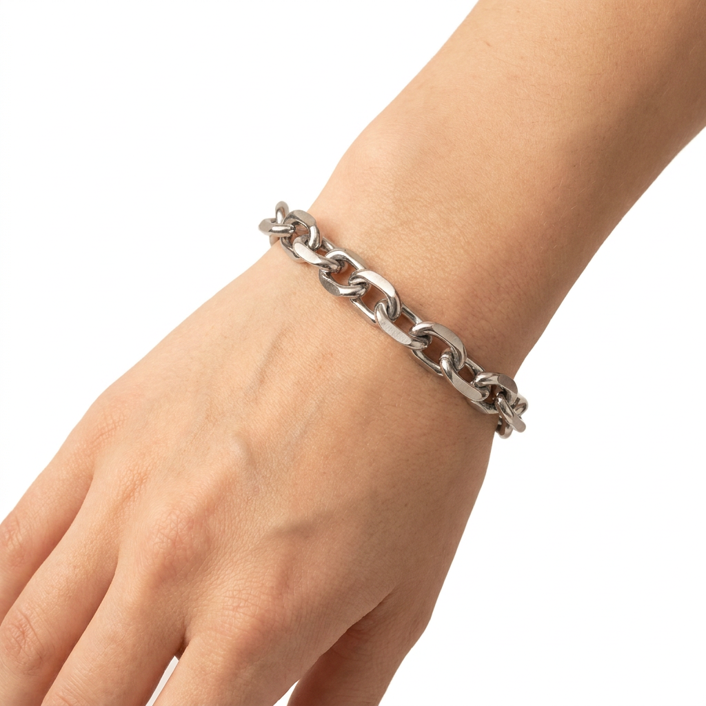 Wrist wearing silver chunky cable chain stainless steel bracelet - unisex waterproof jewellery - Kincha Designs London