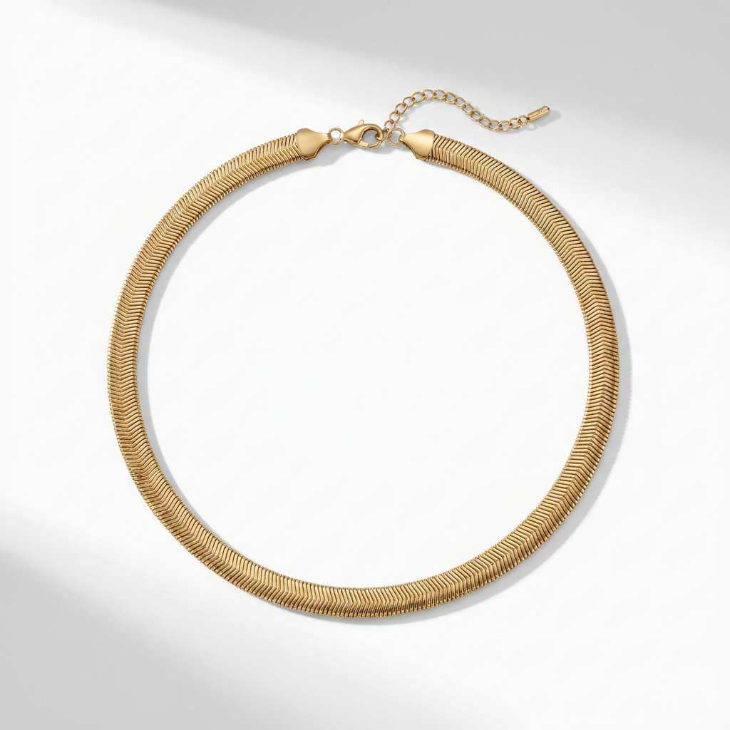 Wide flat snake herringbone chain necklace gold stainless steel - tarnish free jewellery - Kincha Designs