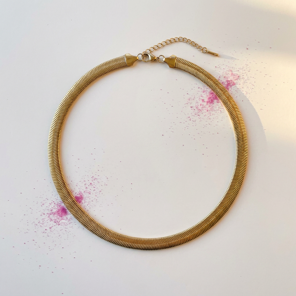 Wide gold herringbone chain necklace on white surface with fuchsia pink powder - stainless steel jewellery London - Kincha Designs