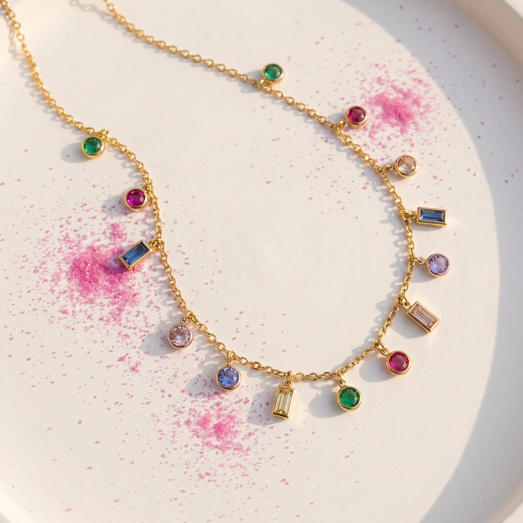 Gold multicolour crystal station necklace on white surface with fuchsia pink powder - stainless steel jewellery London - Kincha Designs