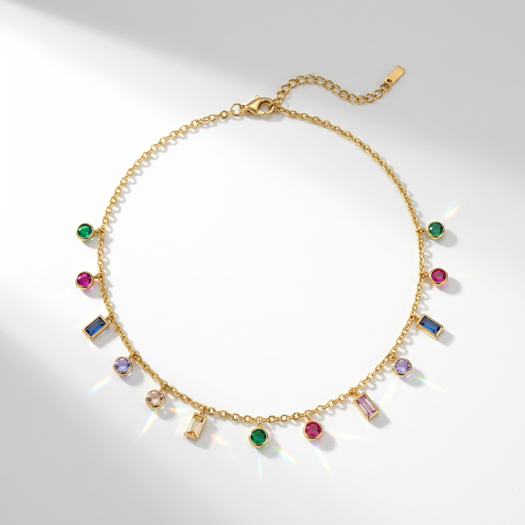Gold rainbow glass crystal station necklace stainless steel - tarnish free jewellery - Kincha Designs