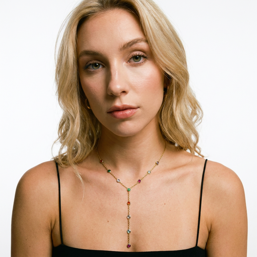 Blonde woman wearing gold multicolour crystal lariat necklace with drop detail - Kincha Designs London