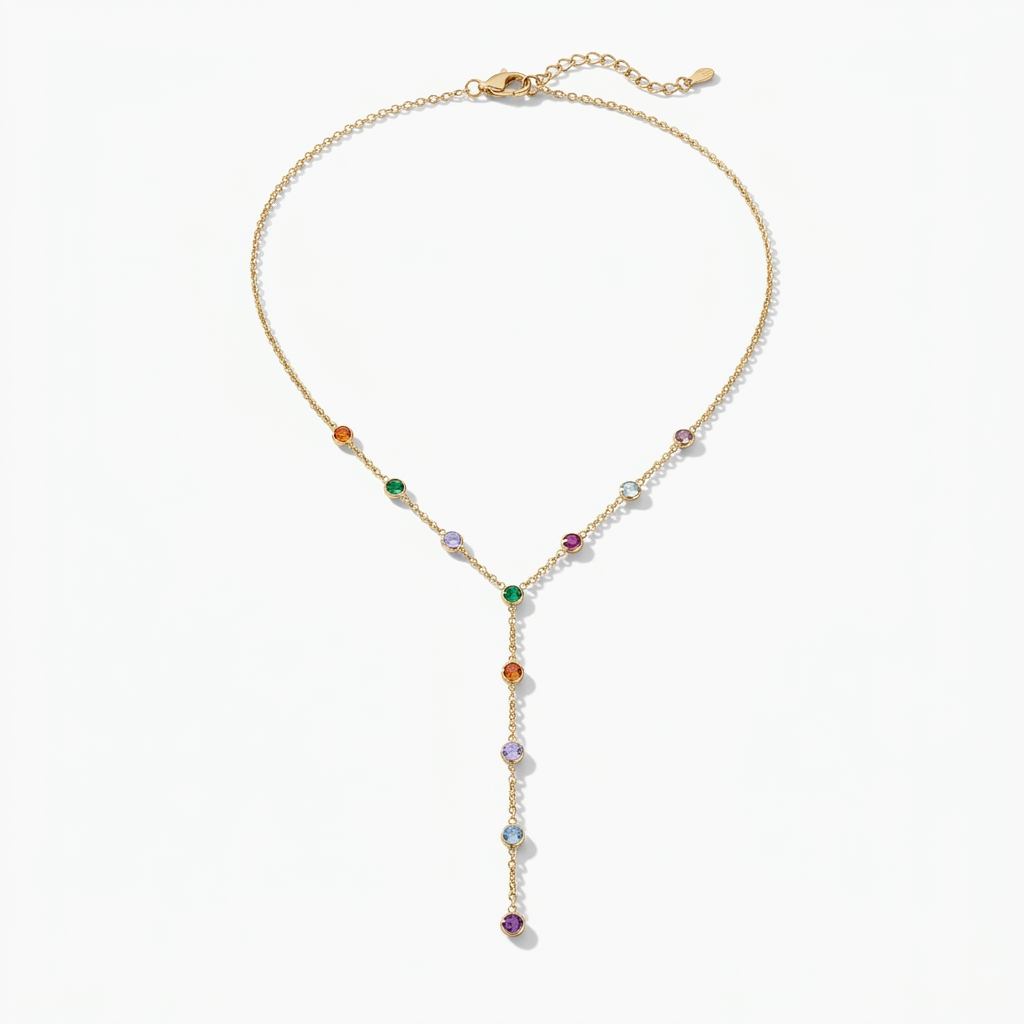 Gold lariat necklace with multicolour crystal stations stainless steel - tarnish free jewellery - Kincha Designs