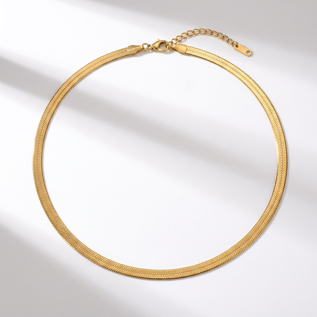 Slim flat snake herringbone chain necklace gold stainless steel - tarnish free jewellery - Kincha Designs