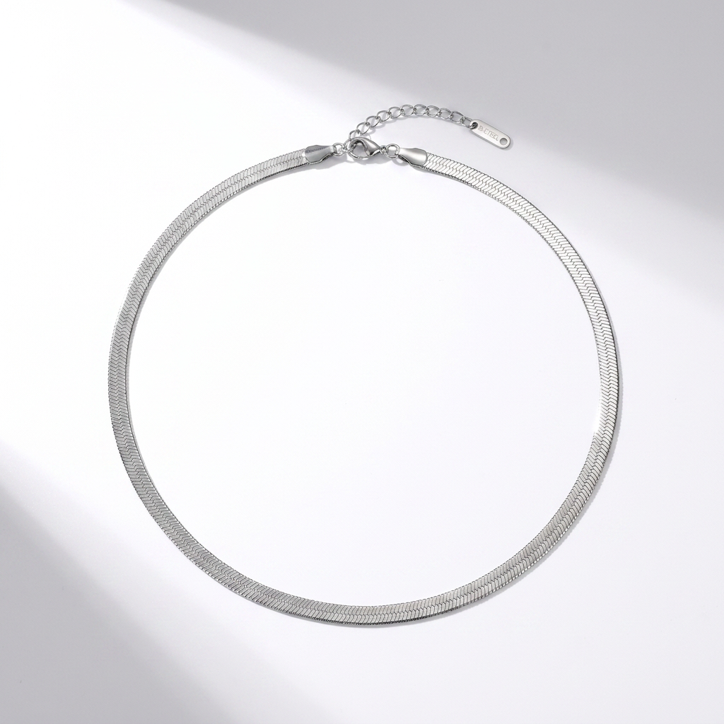 Slim flat snake herringbone chain necklace silver stainless steel - tarnish free jewellery - Kincha Designs