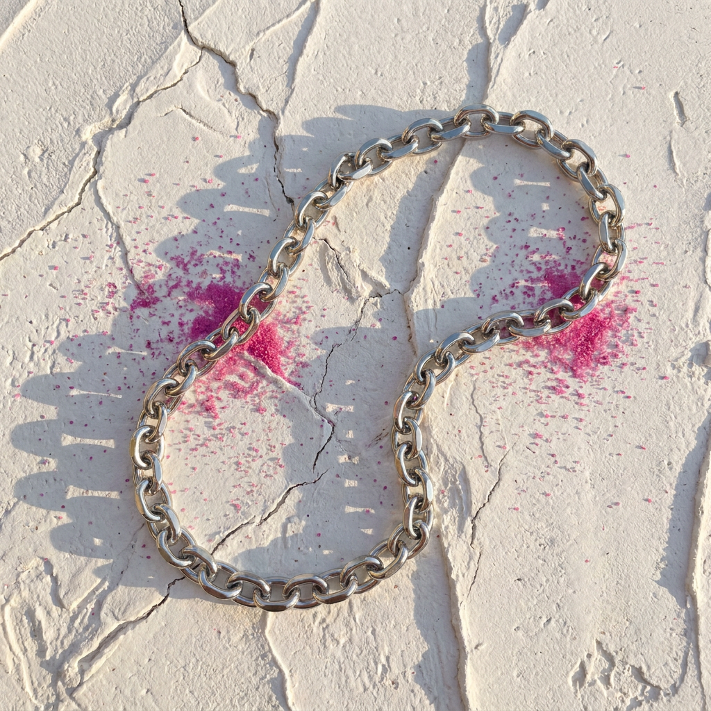 Silver chunky cable chain necklace on cracked white concrete with fuchsia pink splash - stainless steel jewellery London - Kincha Designs