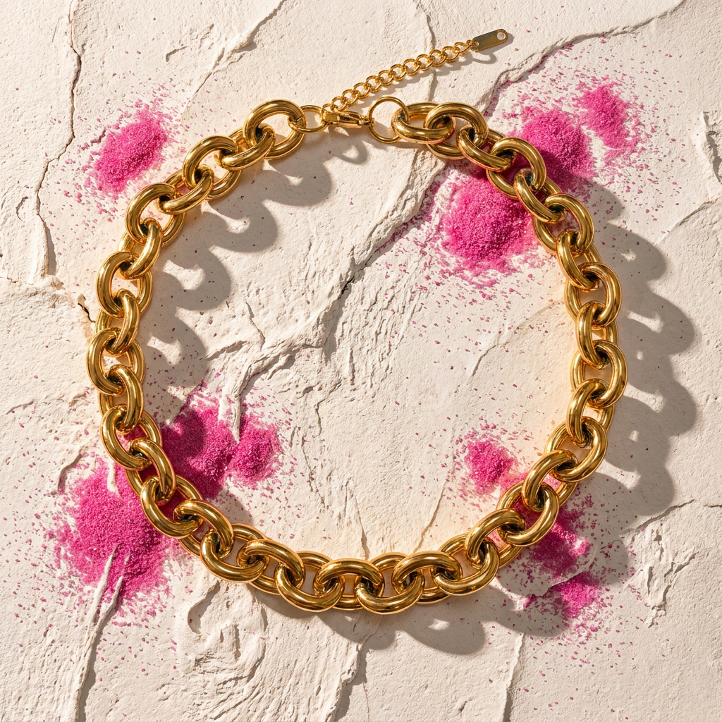 Gold chunky cable chain necklace on white concrete with fuchsia pink powder - stainless steel jewellery London - Kincha Designs