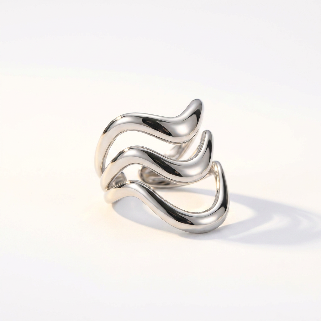 Silver stainless steel wave ring front product shot - tarnish free jewellery - Kincha Designs