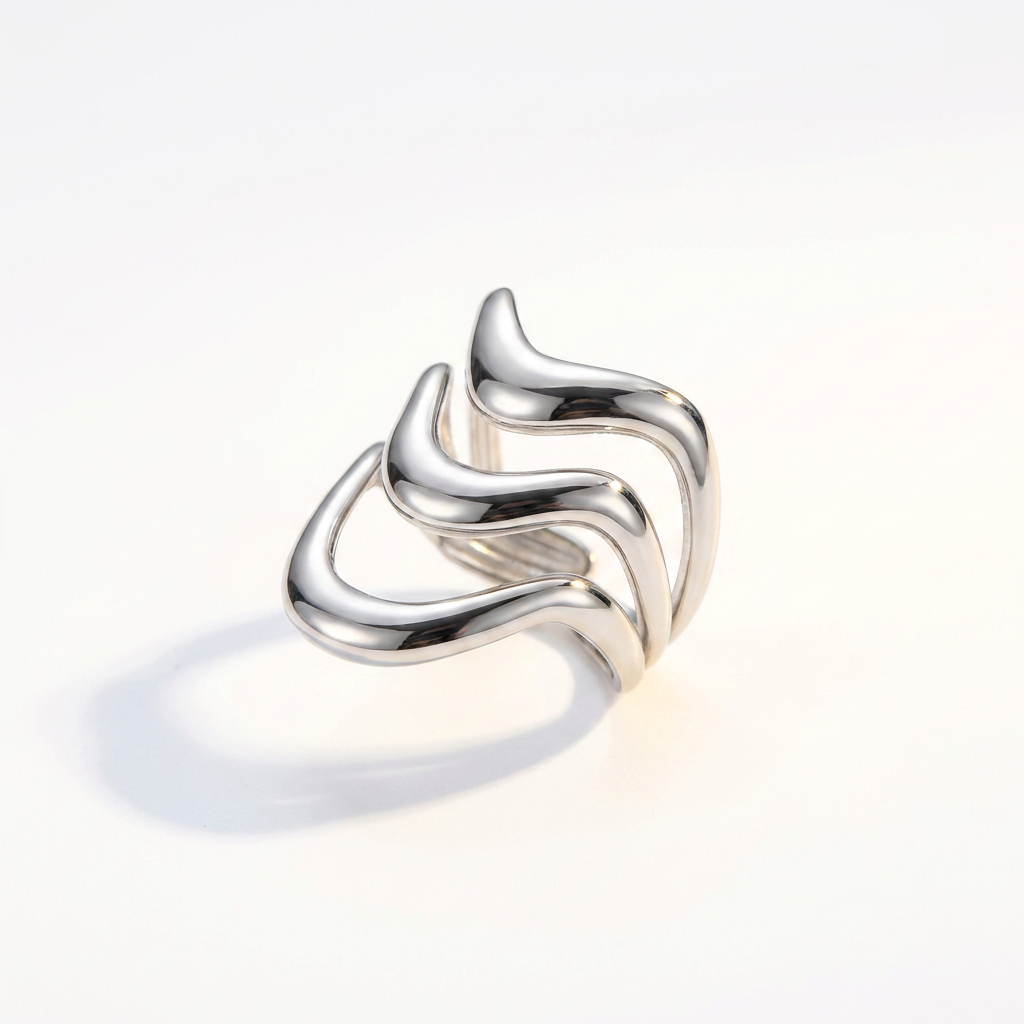 Silver wave ring stainless steel angled view - waterproof jewellery - Kincha Designs London