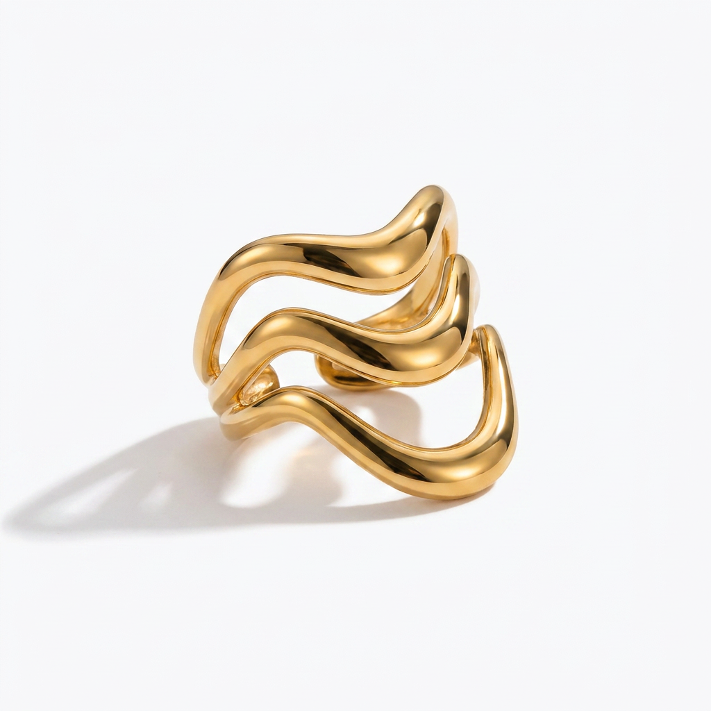 Gold stainless steel wave ring product shot - tarnish free jewellery - Kincha Designs London