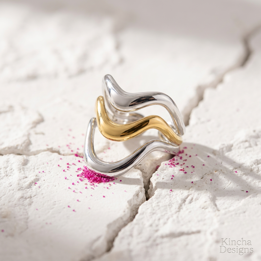 Two-tone silver gold wave ring on cracked white concrete - stainless steel jewellery London - Kincha Designs