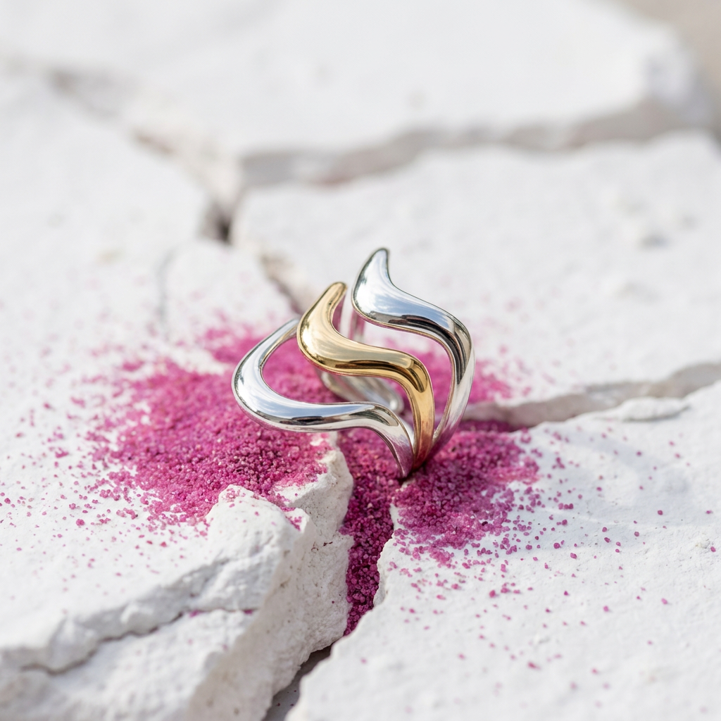 Silver gold wave ring on cracked stone with fuchsia pink powder - waterproof jewellery - Kincha Designs
