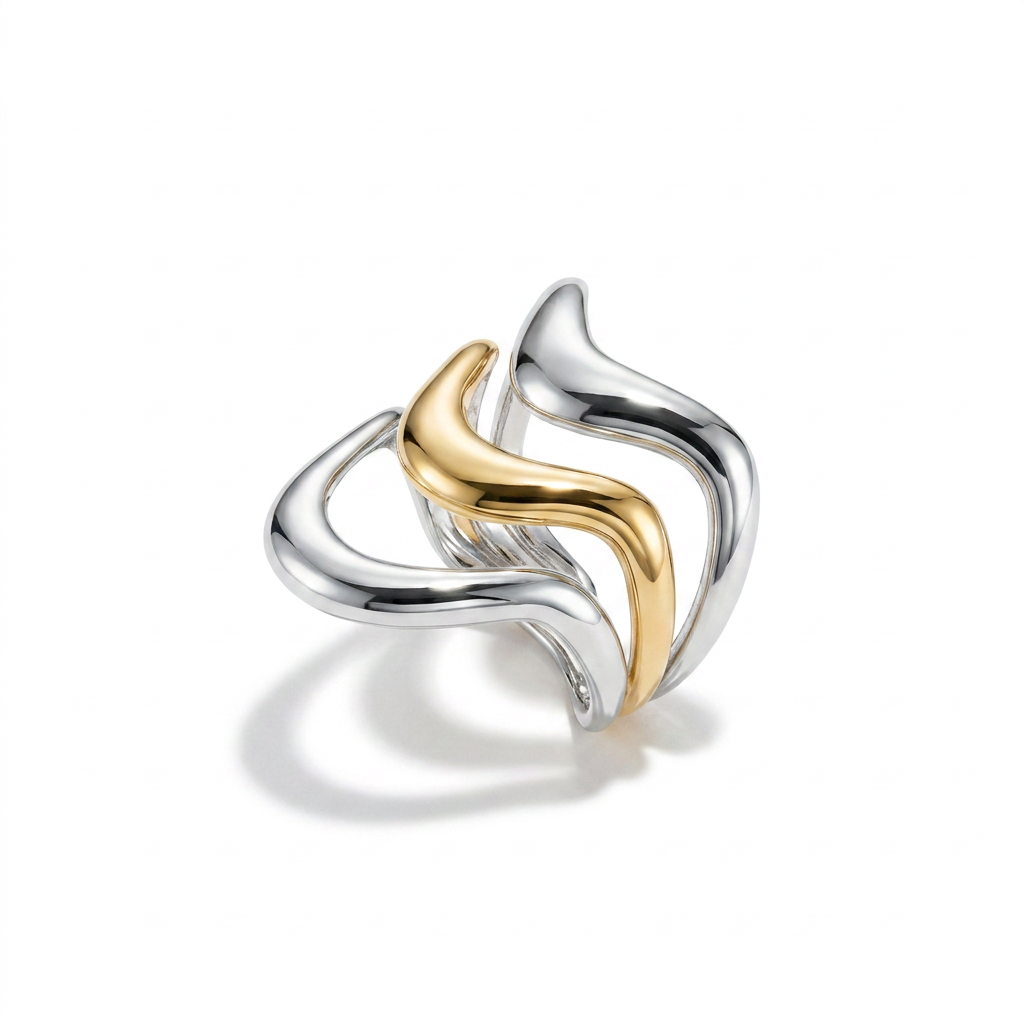 Two-tone silver gold stainless steel wave ring - tarnish free waterproof jewellery - Kincha Designs London