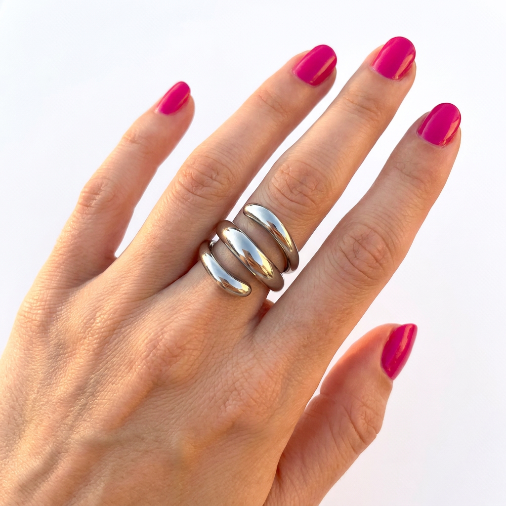 Side view of silver triple coil ring worn on finger - waterproof stainless steel jewellery - Kincha Designs