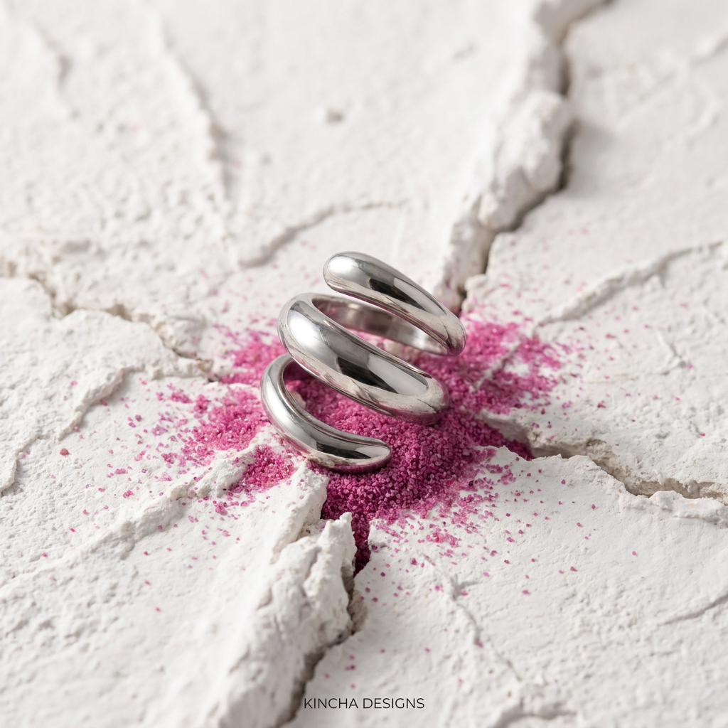 Silver triple coil ring on cracked concrete with fuchsia pink sand - stainless steel jewellery London - Kincha Designs