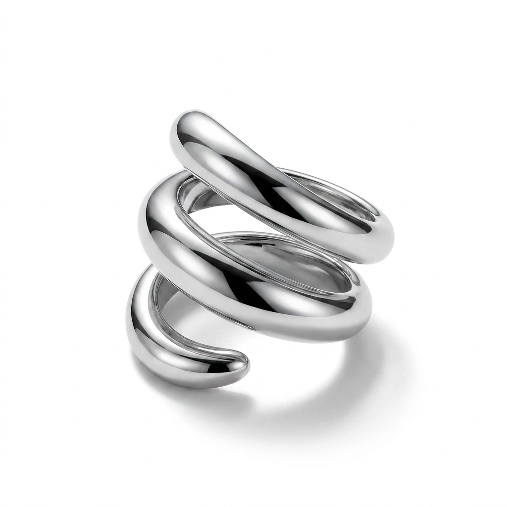 Silver triple coil stainless steel ring product shot - tarnish free jewellery - Kincha Designs London