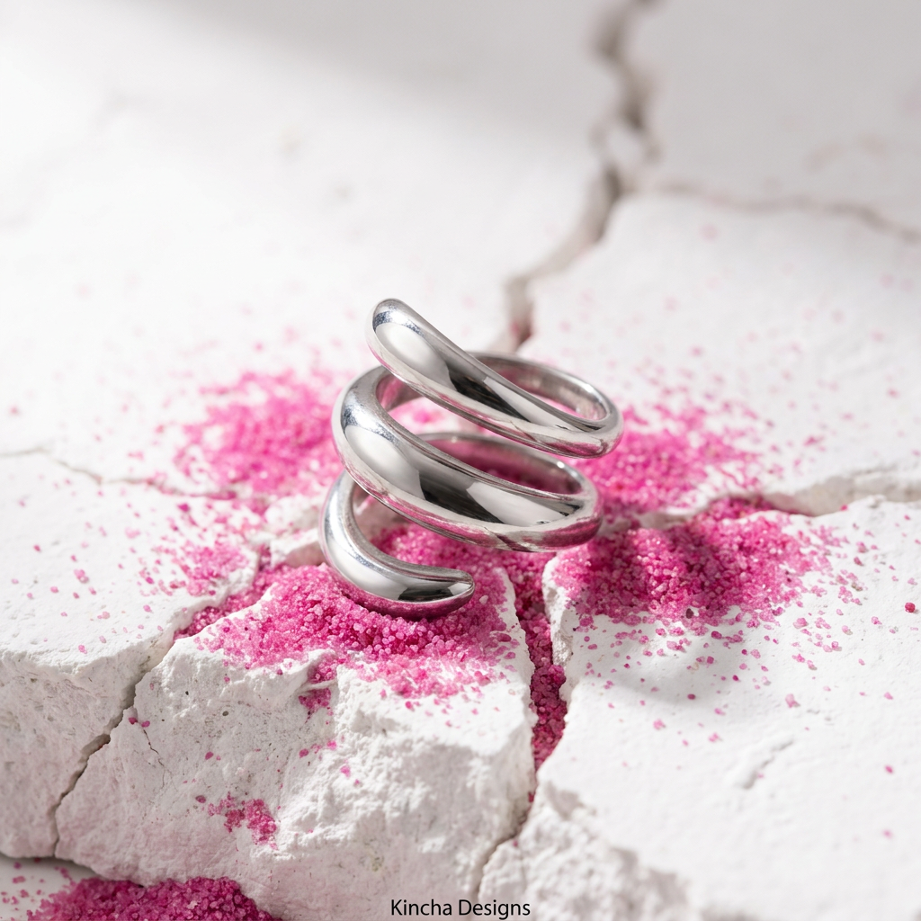 Close up silver triple coil ring on cracked white stone with pink powder - Kincha Designs