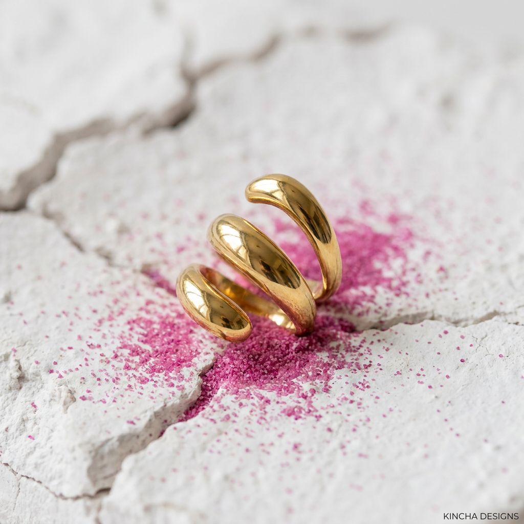 Gold triple coil ring on cracked concrete with fuchsia pink sand - stainless steel jewellery London - Kincha Designs