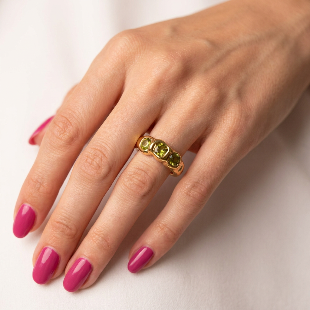 Hand wearing gold green crystal dome ring with pink nails - stainless steel jewellery - Kincha Designs London