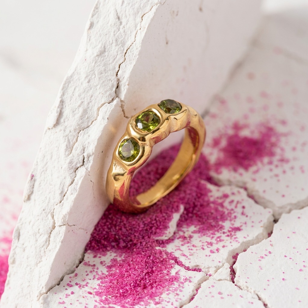 Gold green crystal dome ring on cracked concrete with pink sand - waterproof jewellery London - Kincha Designs
