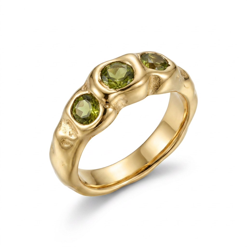 Three stone green crystal gold dome ring stainless steel - tarnish free jewellery - Kincha Designs