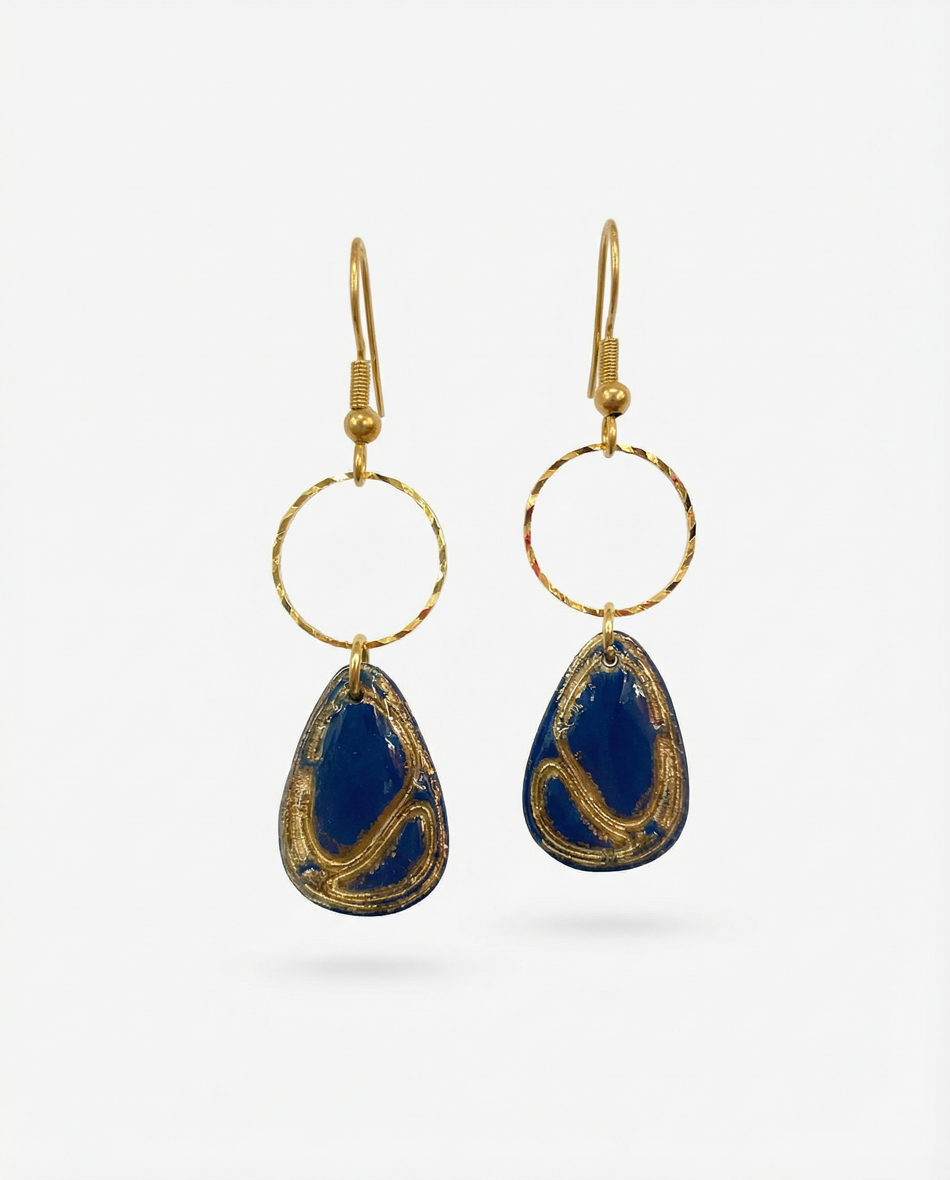 Blue & Gold Resin Teardrop Hoop Earrings  Textured Gold Circle Dangles.png