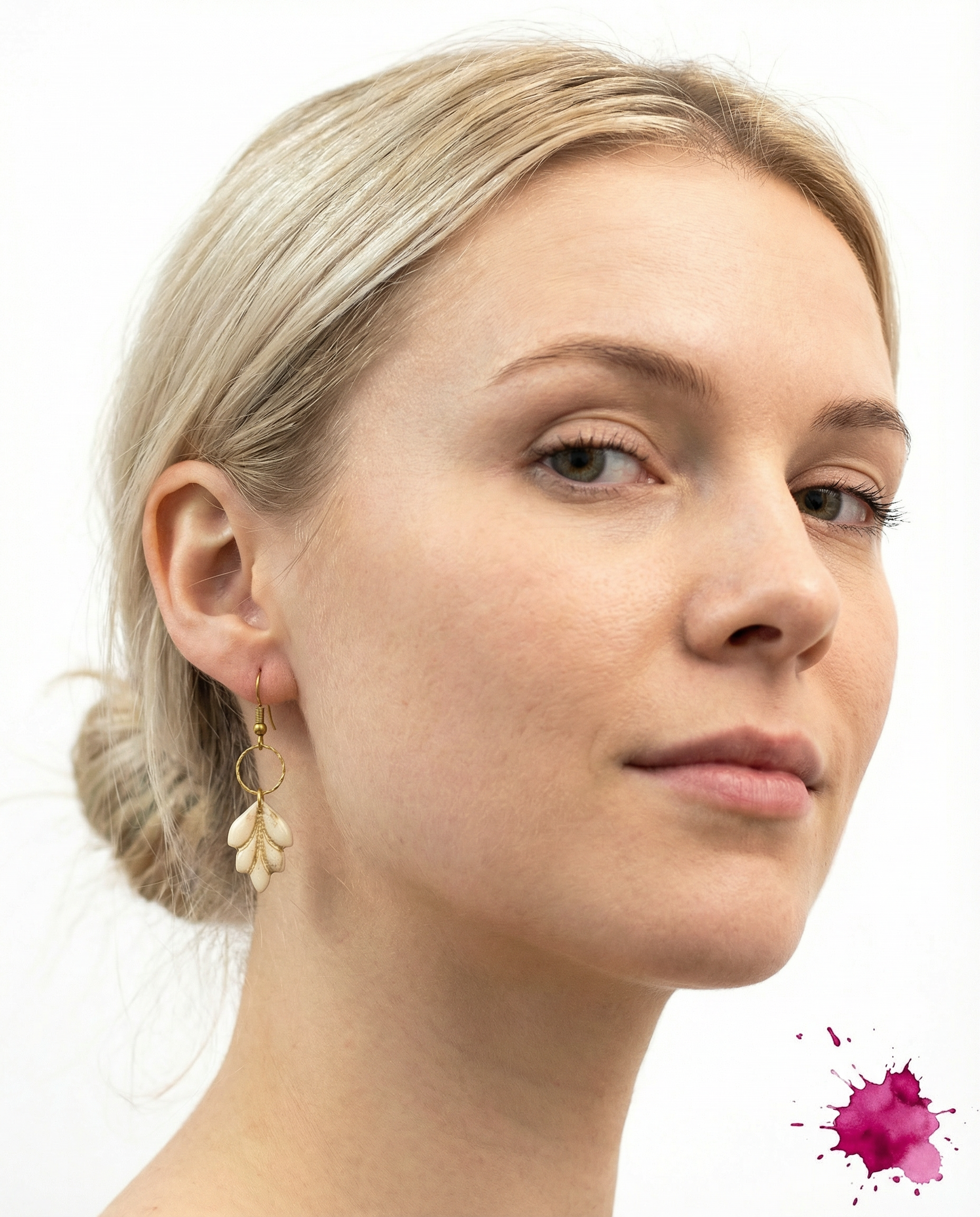 Cream Leaf Drop Earrings  Gold Hoop Dangles 3.png