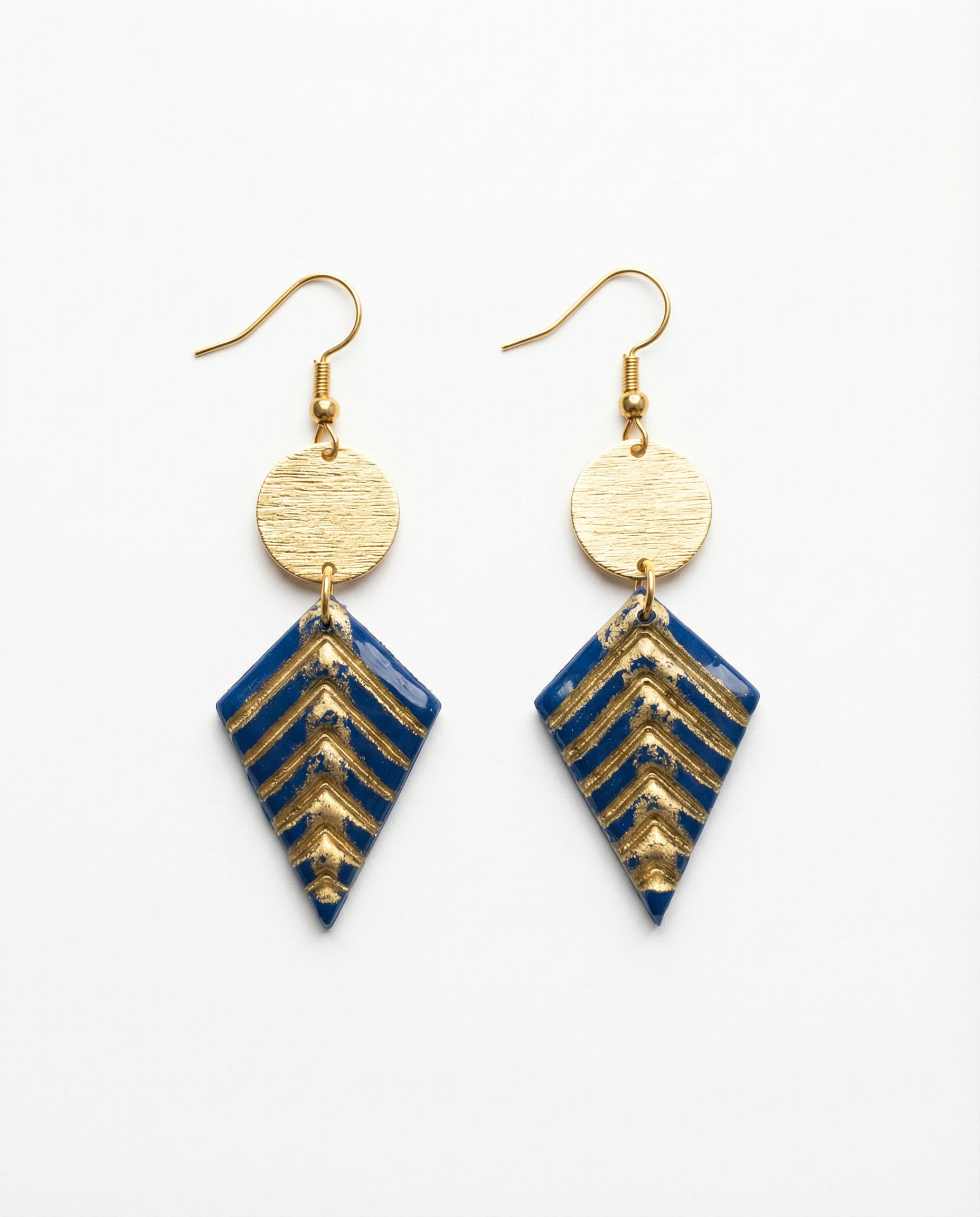 Navy & Gold Chevron Drop Earrings – Geometric Statement Dangles with Brushed Gold Disc  1.png
