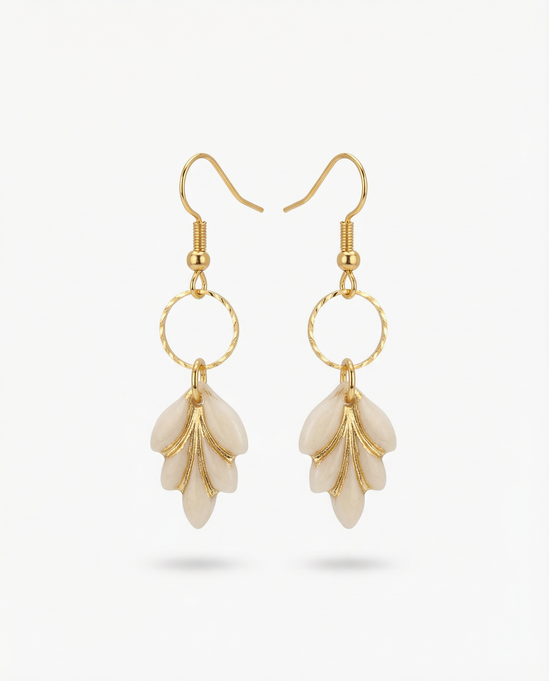 Cream Leaf Drop Earrings  Gold Hoop Dangles .png