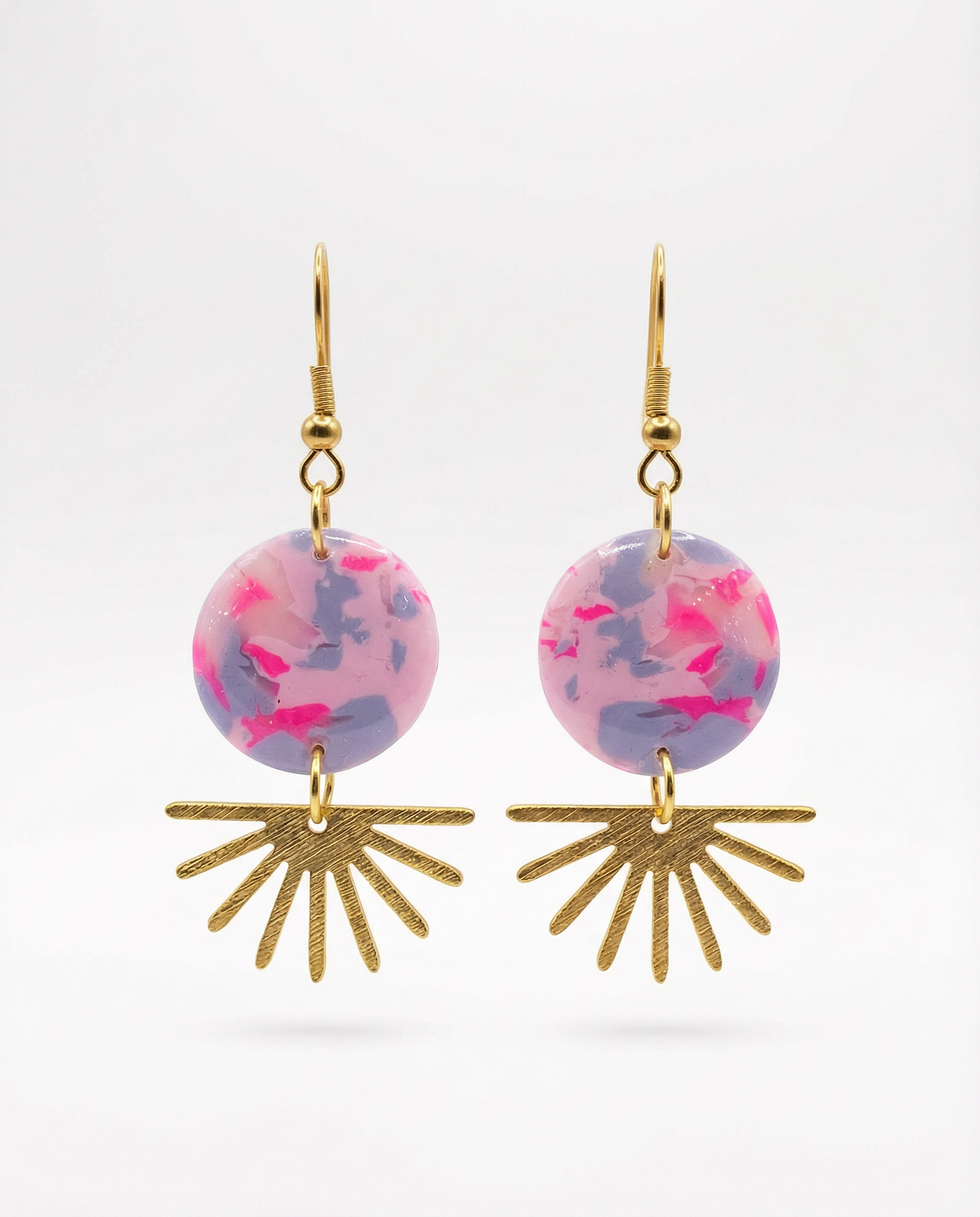Pink & Lilac Resin Disc Earrings  Gold Sunburst Drop Dangles .png