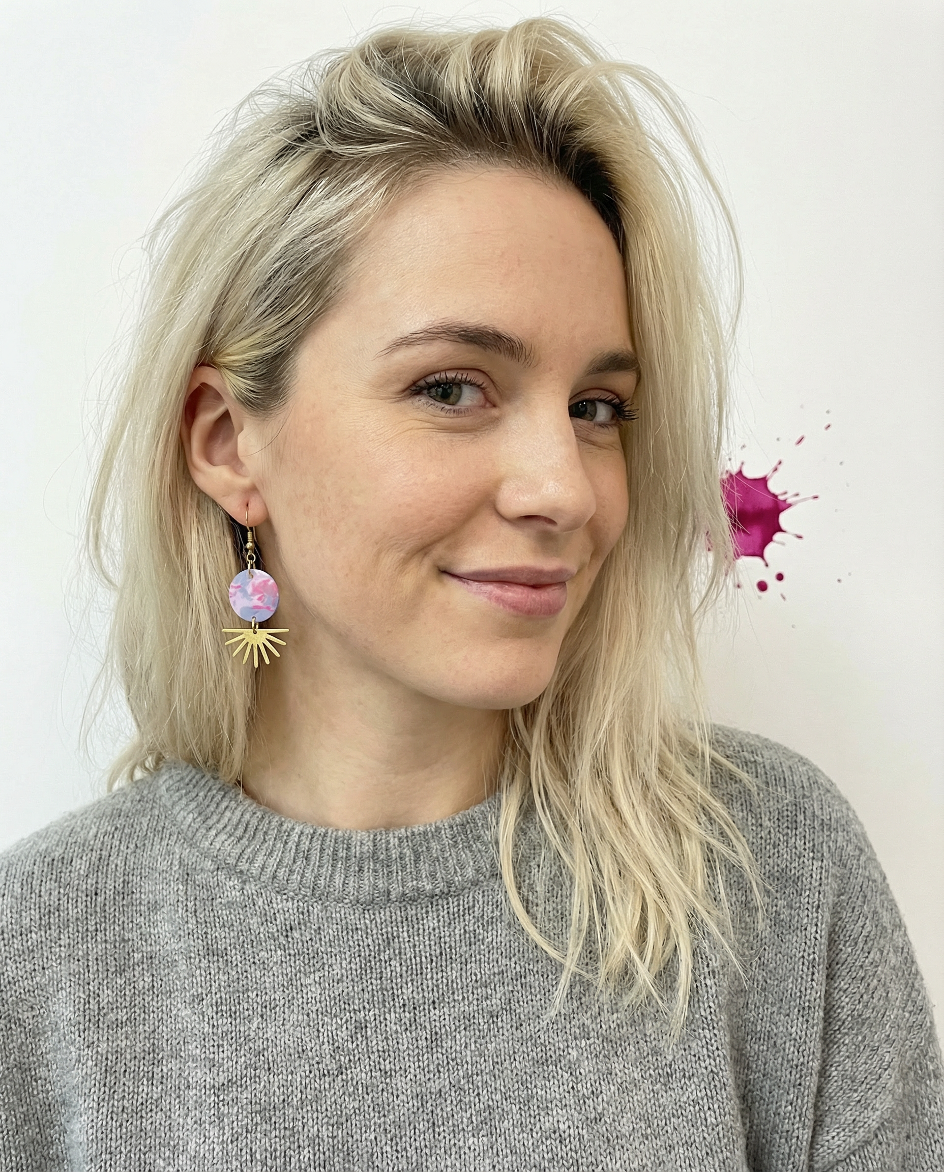 Pink & Lilac Resin Disc Earrings  Gold Sunburst Drop Dangles3.png