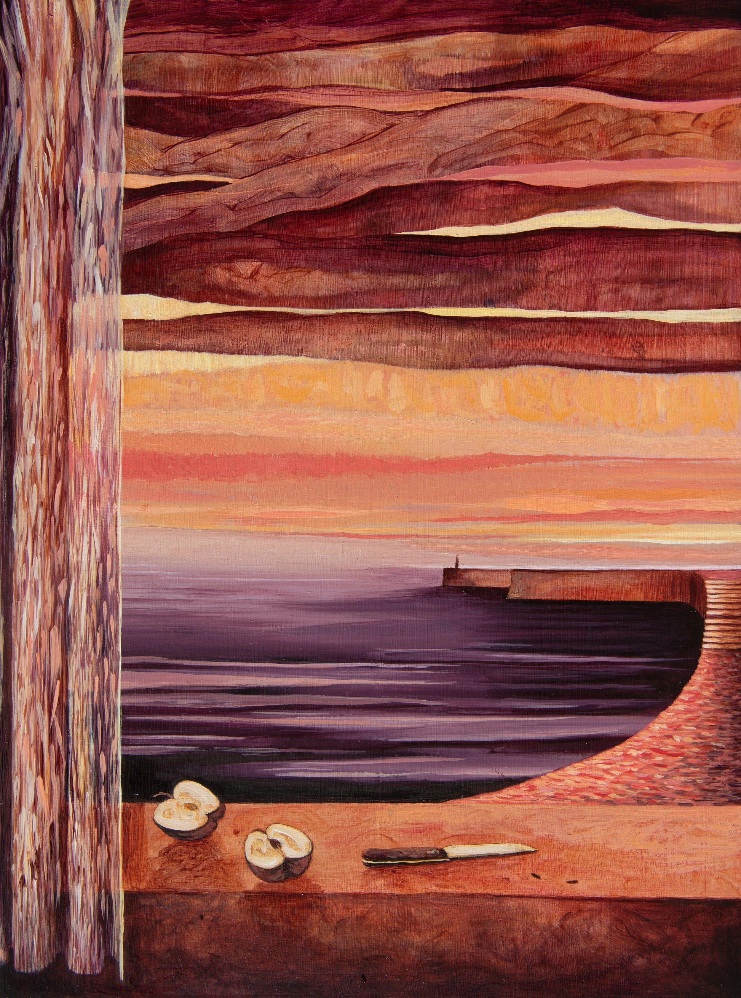 Elsewhere, Long Shadows on the Pier • Oil on Board • 39.5 x 29.5. 2023
