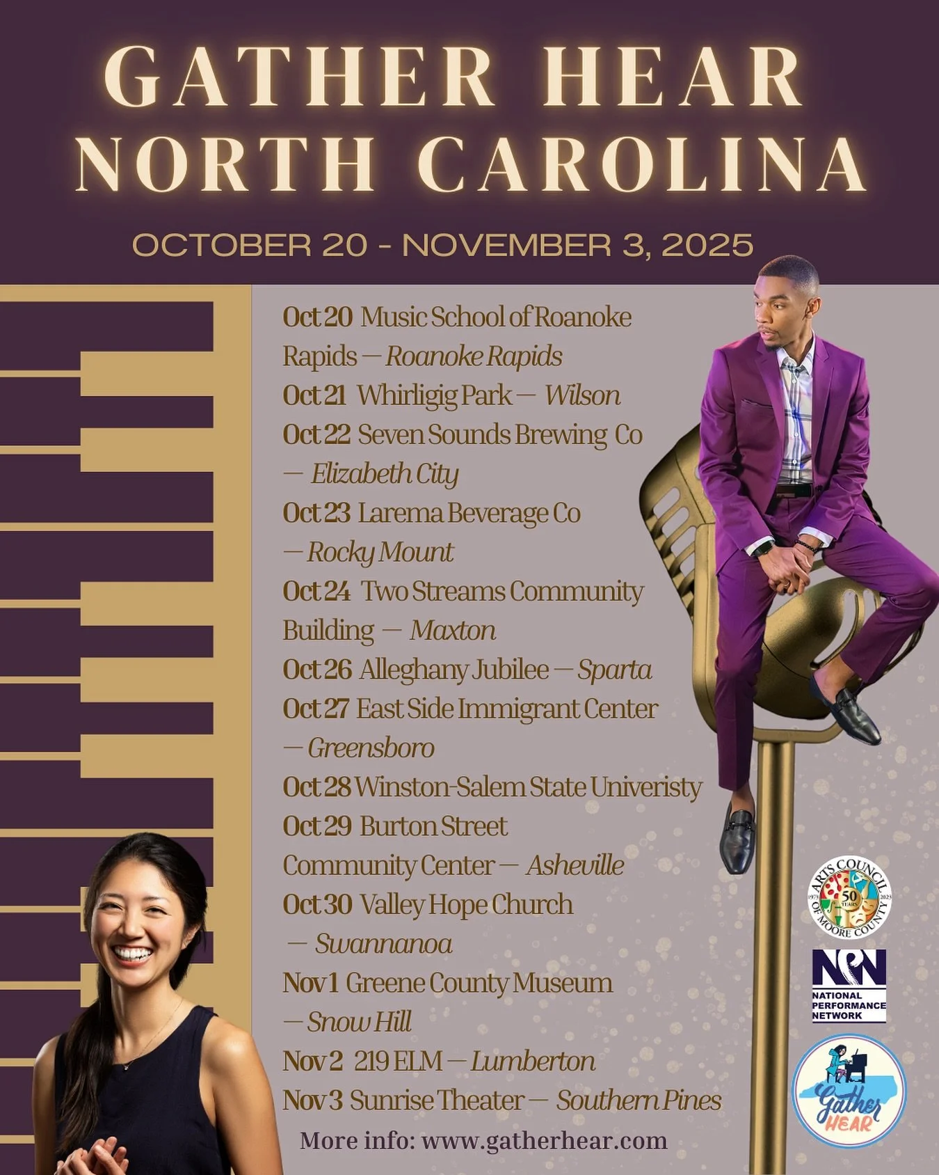 GATHER HEAR NORTH CAROLINA, state number 8 with co-performer CHRIS THOMPSON. Check out gatherhear.com/northcarolina for all details!!!
Oct 20 7:30pm Music School of Roanoke Rapids — Roanoke Rapids
Oct 21 5:30pm @whirligigpark — Wilson gu