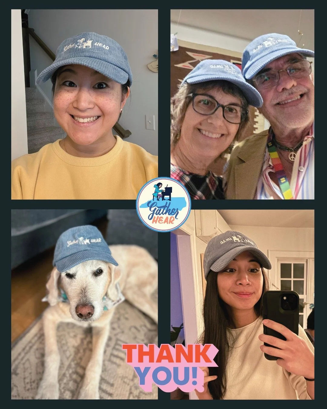 Look at these gorgeous people (and a beast) in their Gather Hear hats 🤩 thanks to all our donors, we're currently at $8170/$10,000 of our end-of-year fundraiser!! Join in and help us get to the finish line 👯&zwj;♀️ I can stop working for the year w