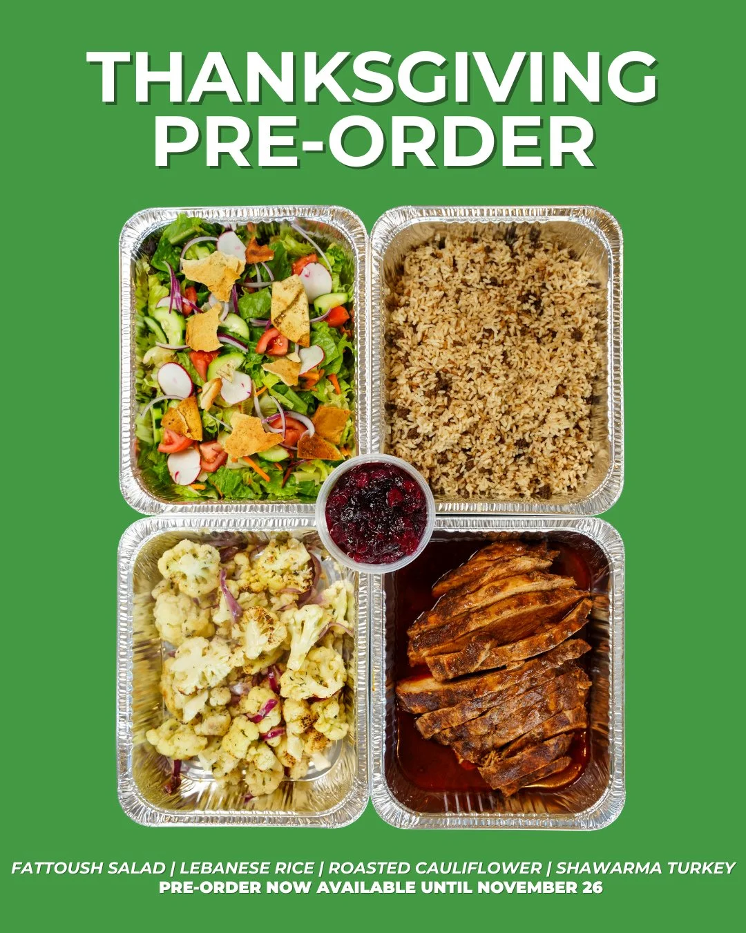 Take and Bake Thanksgiving 🍗🇱🇧🥗⁠
⁠
Enjoy a no hassle Turkey Day by picking up your Lebanese feast on 11/26. Pop everything in the oven before your guest arrive and you can enjoy the holiday with minimal prep!⁠
⁠
Place your order at Craftpita.com 