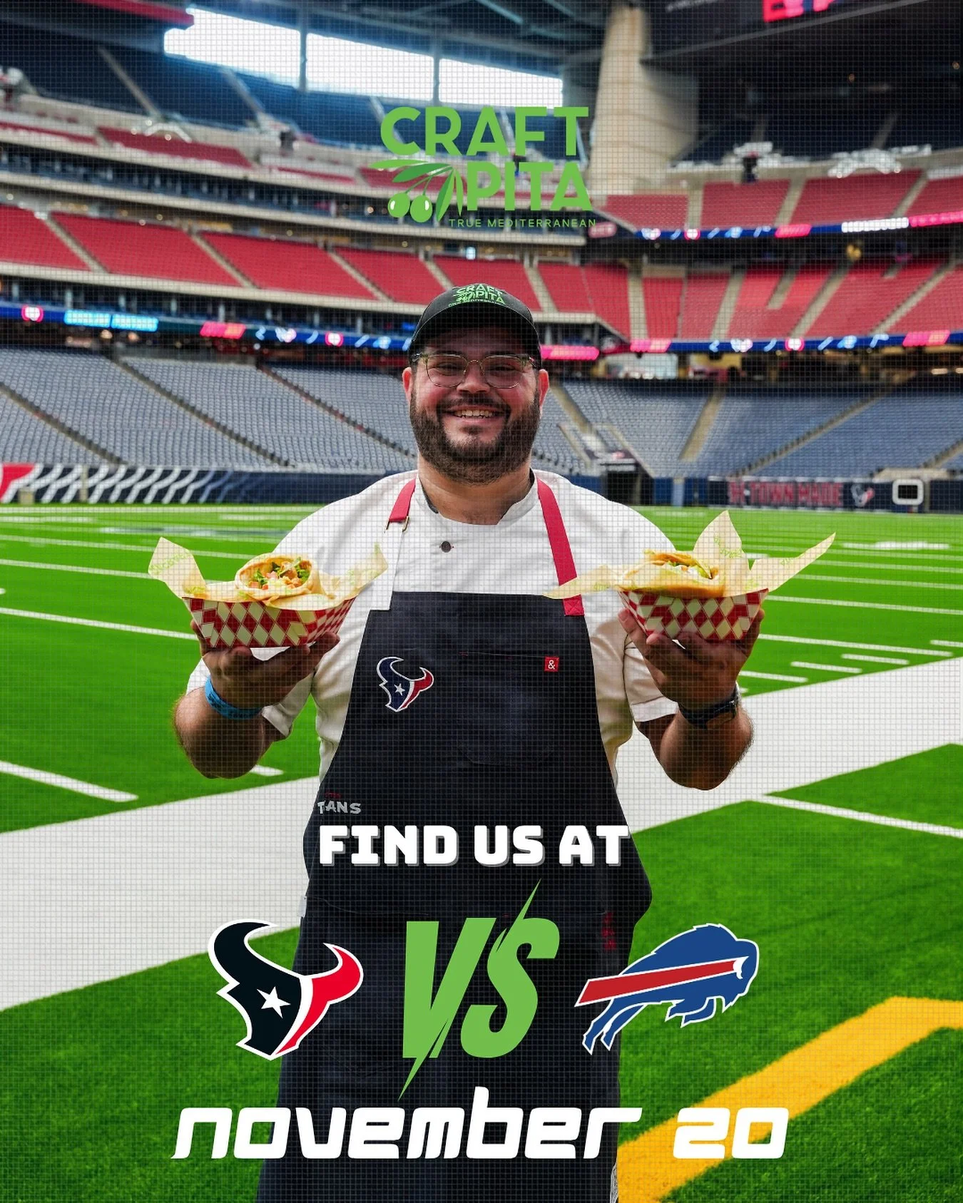 Ready, Set, Yallah! 🏈 Grab Craft Pita in the club section for Thursday Night Football! 🥗🌯

Pick off a chicken kabob rice bowl, tackle a gyro pita, or run to get some Mediterranean nachos tonight and every Texans home game.

Can&rsquo;t make it to 