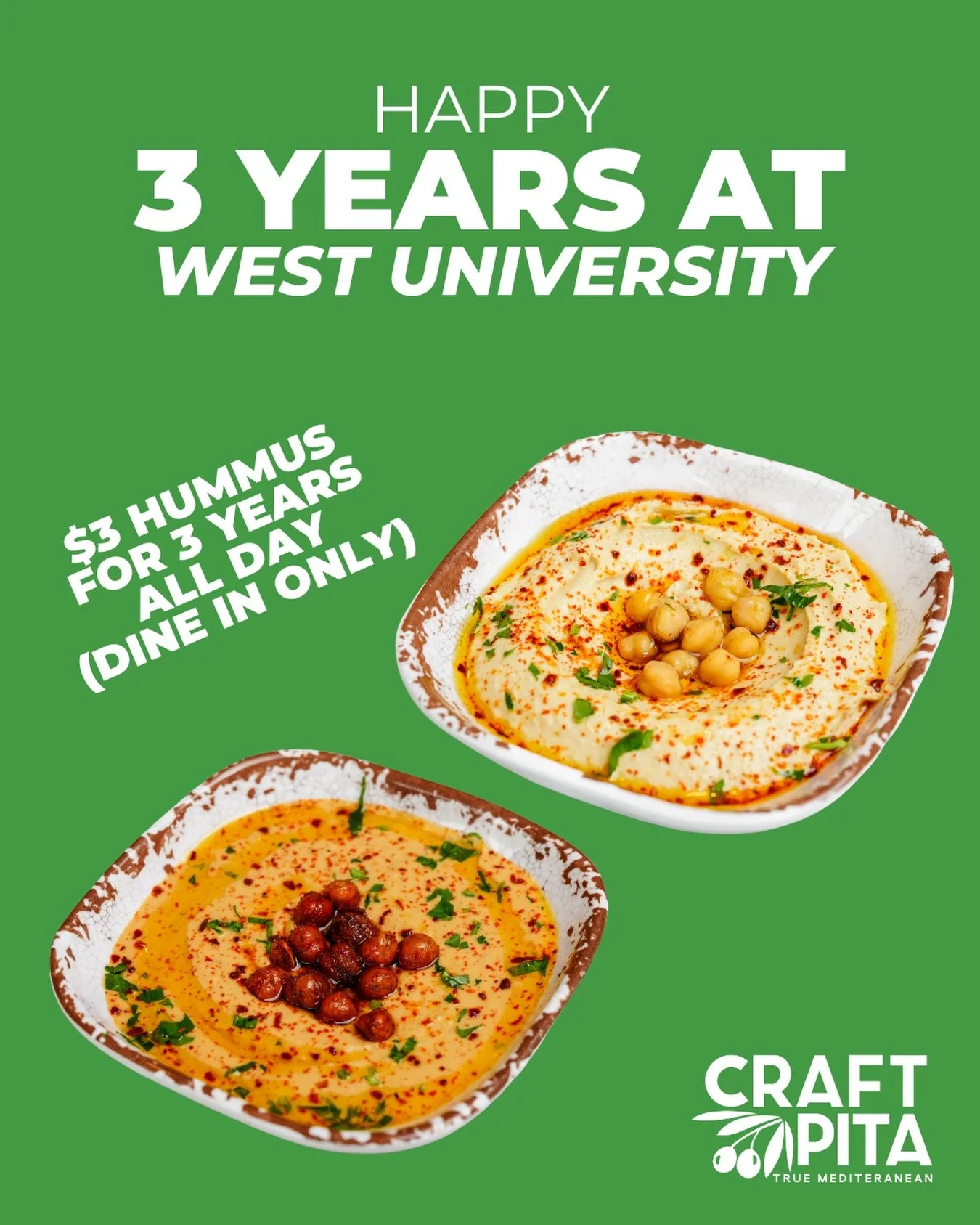 Habibis, it&rsquo;s our THIRD YEAR at the West University location! To thank you all for the support, we are offering $3 hummus ALL DAY TODAY! Come by and see us soon