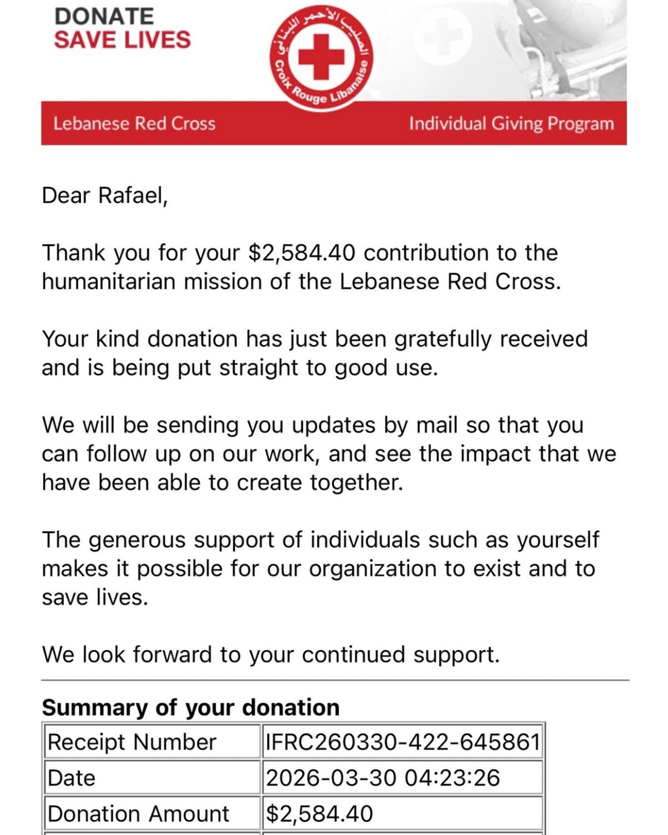 Thank you to those who donated 🇱🇧🙏🏻❤️

We raised $1,292.20 for the @lebaneseredcross and @craftpita matched the donation for a total of $2584.40!

As hostilities intensify and displacement rises, the Lebanese Red Cross will continue to provide am