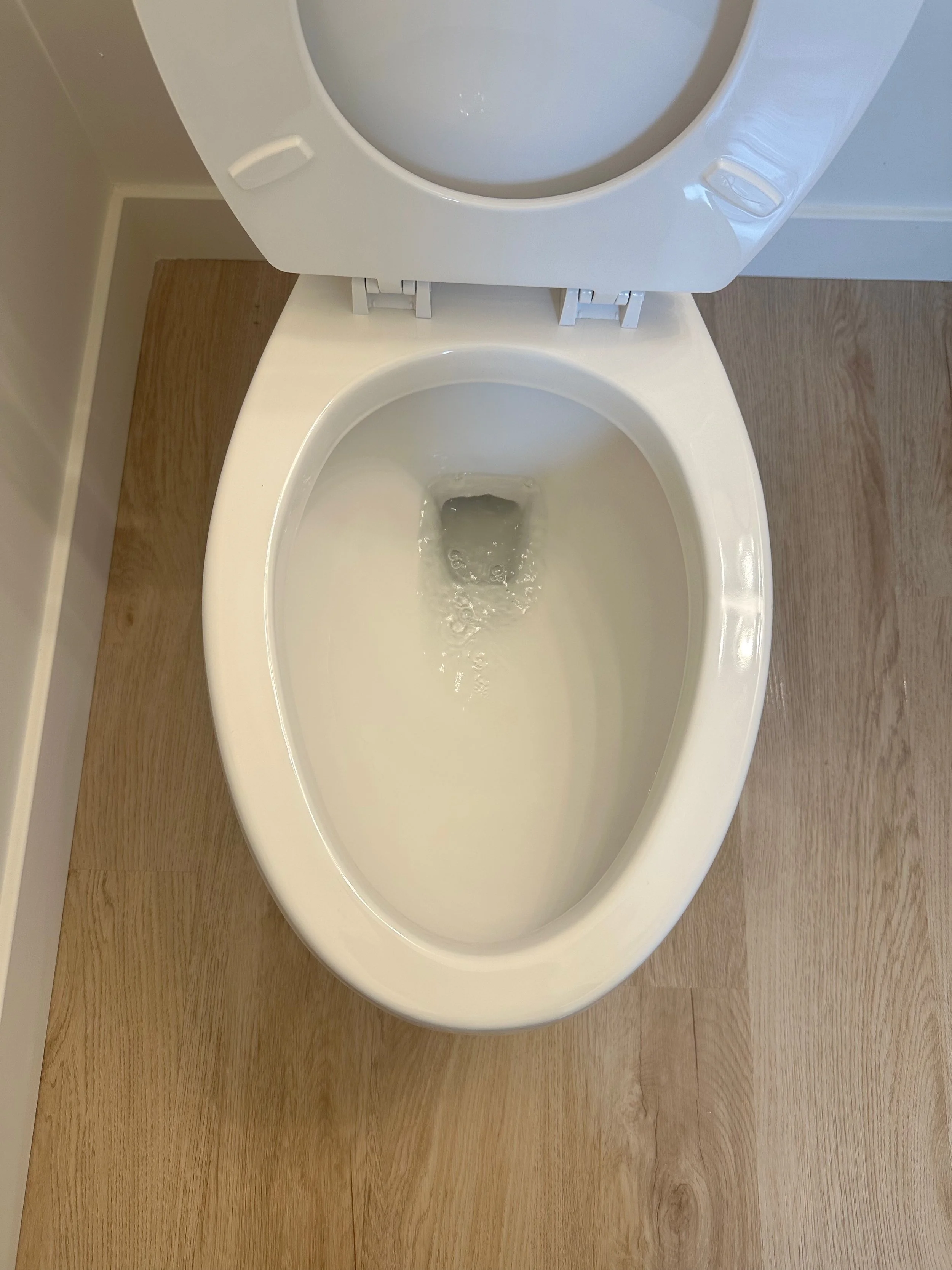 Toilet bowl with water and an open lid, positioned on a wood floor near a wall.