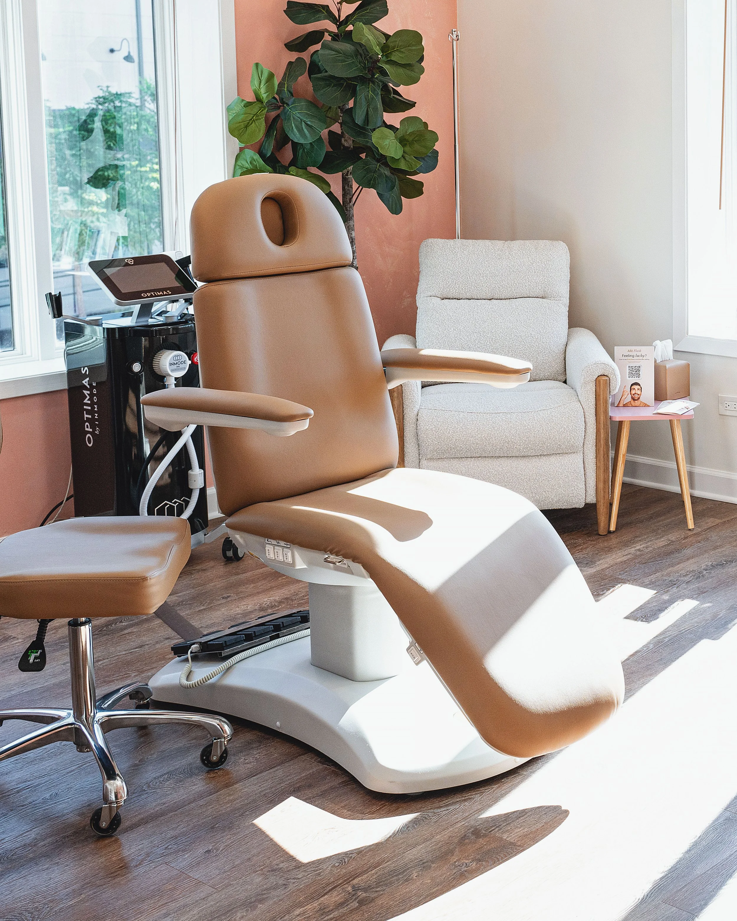 Medical examination room with a beige examination chair, a small beige stool, a beige armchair, a large leafy plant, and side table with patient information and brochures, near a window with sunlight.