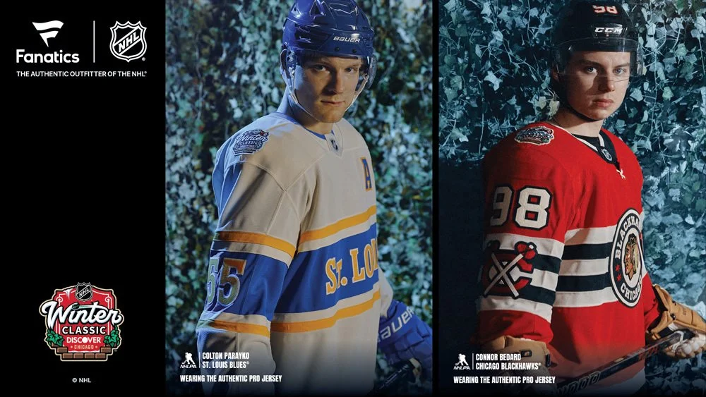 Two young male hockey players in jerseys pose against a leafy background, one in a white and blue St. Louis Blues jersey and the other in a red Chicago Blackhawks jersey, both wearing helmets.